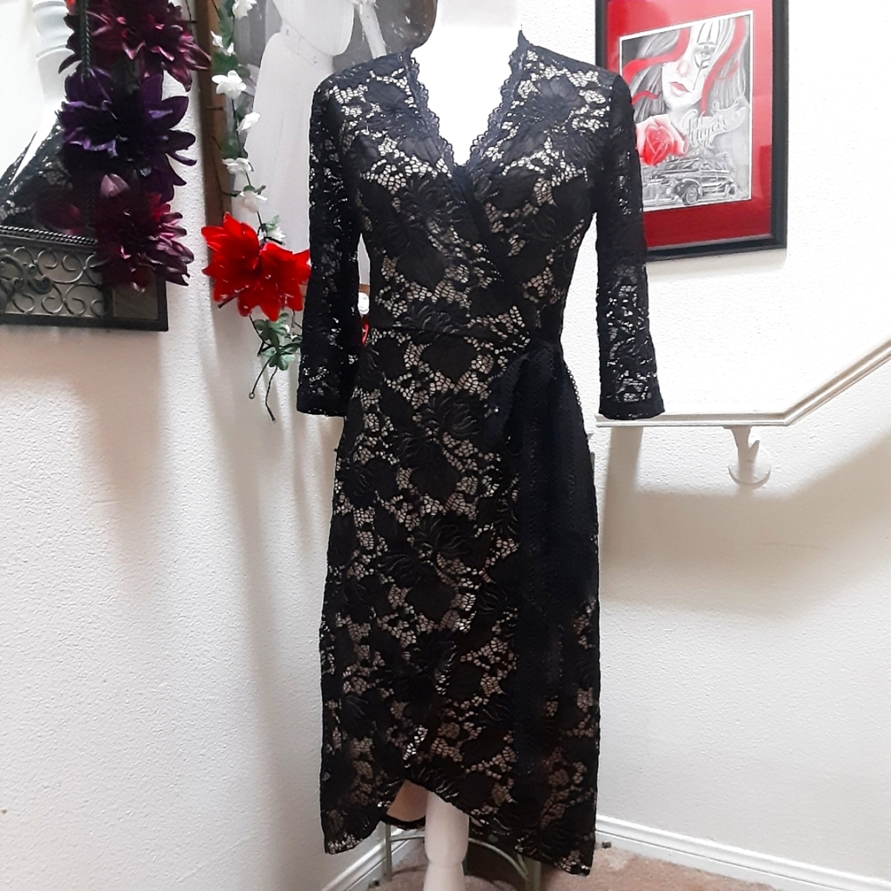 Black Lace/Nude Beige Wrap Dress